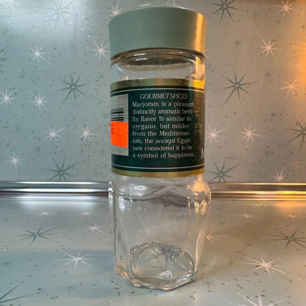 Vintage McCormick Marjoram Jar Green Label Lid Glass Spice Bottle Retro Kitchen